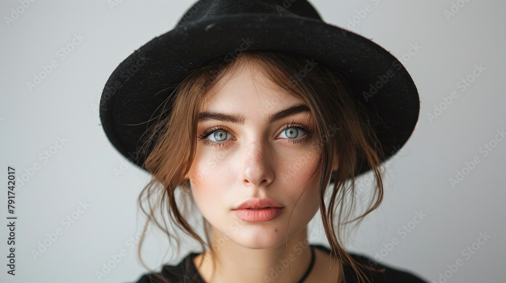 Stylish Young Woman with Blue Eyes Wearing Black Fedora Hat Stylish Young Woman with Blue Eyes Wearing Black Fedora Hat