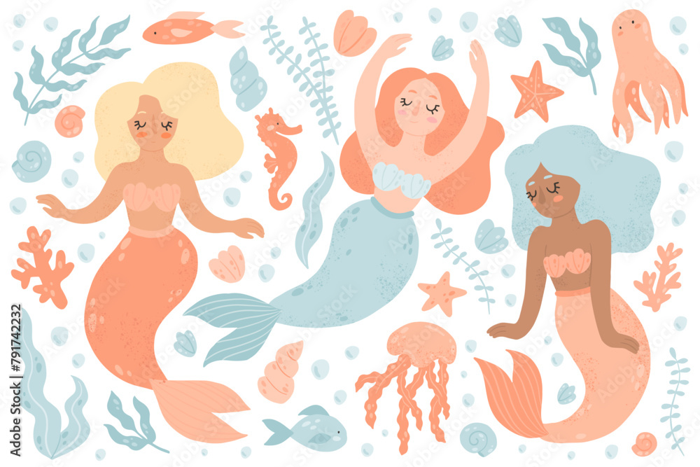Cute cartoon mermaids and underwater life set. Vector hand-drawn sea elements. Cute cartoon mermaids and underwater life set. Vector hand-drawn sea elements.