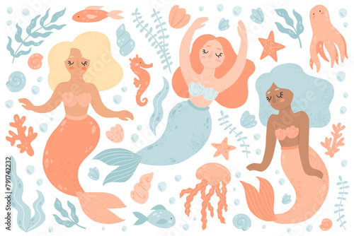Cute cartoon mermaids and underwater life set. Vector hand-drawn sea elements.