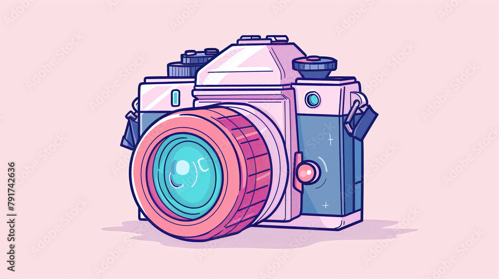 Vintage Pink and Blue Retro Style Camera Illustration