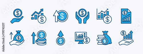 Set of money income icon. Containing profit, financial analysis data, finance graph, growth, investment, chart, fund, payment, revenue, statistic, earnings, management. Vector illustration