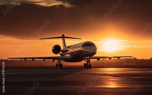 a jet plane on a runway at sunset