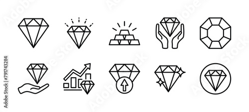 Core value thin line icon set. Containing diamond, gold, gem, brilliant, gemstone, jewelry, treasure, wealth growth. Vector illustration