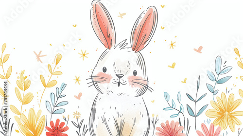Adorable Bunny Surrounded by Colorful Flowers and Golden Stars Illustration