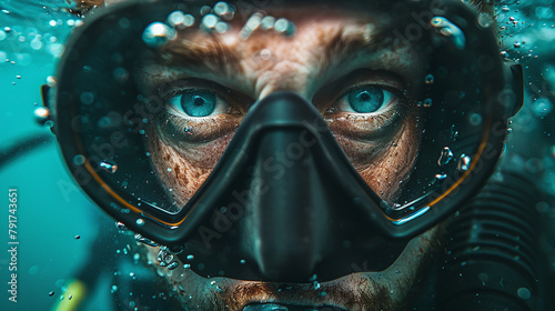 Intense Blue Eyes in Black Diving Mask Underwater Adventure Look © Kiss