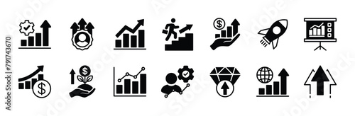 Business growth icon set. Containing performance, chart, grow, graph, rocket, statistic, increase, development, improvement, career, investment, profit, success arrow, achievement. Vector illustration