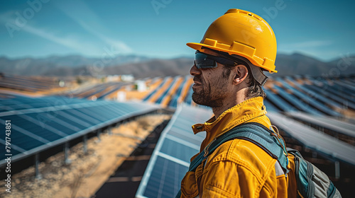 Engineer in Yellow Hard Hat Overlooking Vast Solar Panels Array Under Blue Sky