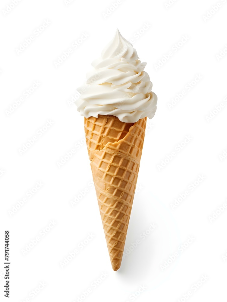 White Ice Cream in a Waffle Cone on a white Background. Template with Copy Space