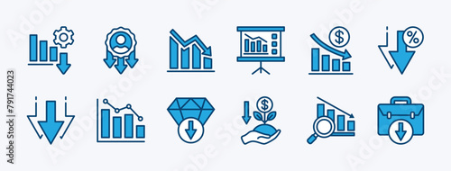 Set of business data decline icon. Containing decrease performance, chart, grow, graph, statistic, career, bars, loss or down arrow, rate, declining, infographic. Vector illustration