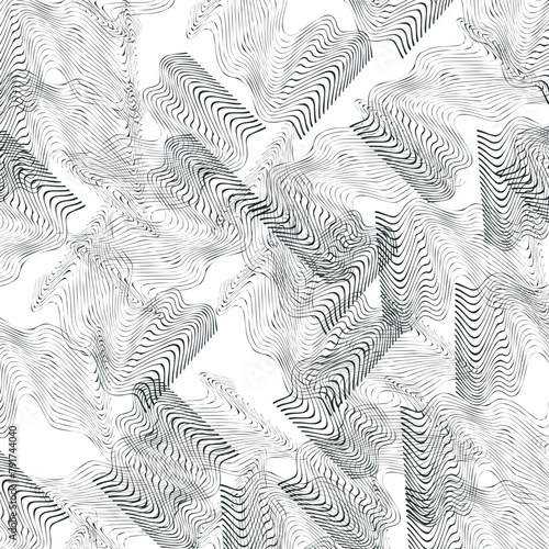 Distorted striped pieces form an abstract mass or texture.