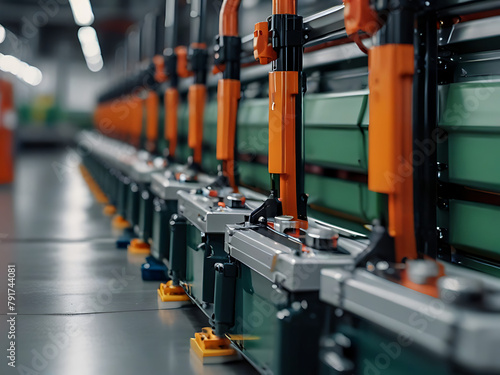 A selective focused close-up view of a mass production assembly line for electric vehicle battery cells, emphasizing the leading line concept, battery