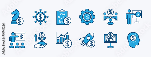 Set of financial business strategy icon. Containing creativity, creative, teamwork, startup, thinking, discussion, meeting, education, growth graph, solution, connection. Vector illustration