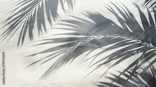 Soft focus on palm leaf shadows against a white canvas, capturing the essence of summer.