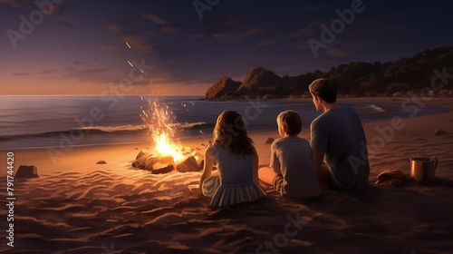 Father with two kids are sitting near bonfire at the beach at sunset