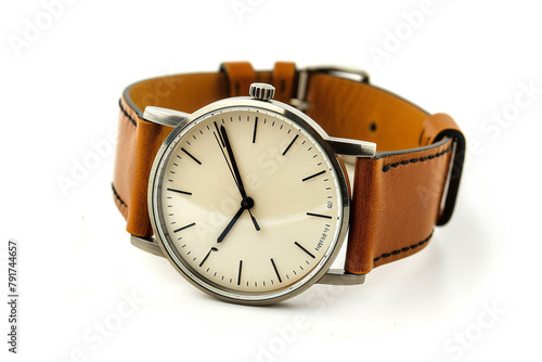 A stylish leather wristwatch with a minimalist design, adding a touch of sophistication and elegance to a summer men's outfit isolated on solid white background.