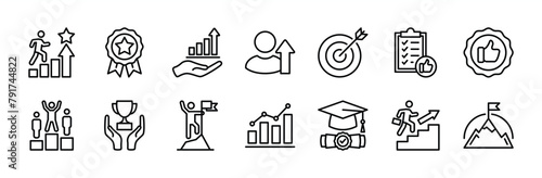 Success thin line icon set. Successful management business development. Containing target, goal, plan, winner, achievement, trophy, badge medal, competition, graduation hat, mountain peak flag, growth