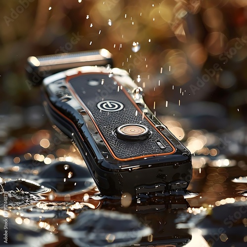 A wet electronic device with a black and orange case. The device is sitting in water. photo