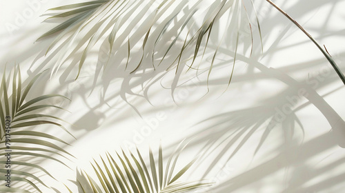 Soft shadows of palm leaves cast on a pristine white background, evoking a serene spring.