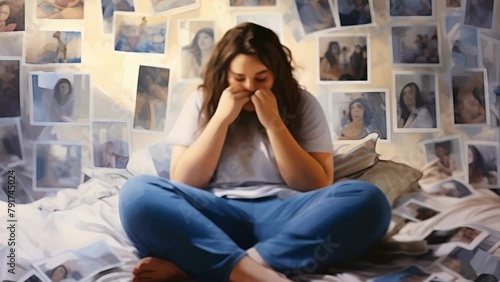 A plump and obese teenage girl sits and is sad in her room because of her unhealthy lifestyle and bad figure. photo