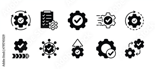 Gear settings icon set. Containing execution, process, system, evaluate, efficiency, business management project, task, implement, operation, optimize, performance. Vector illustration photo