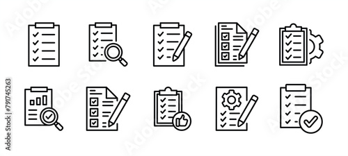 Evaluation thin line icon set. Containing checklist, review, quality, survey, analysis, document, business management data, inspection, statistic, inspecting, statement, report, test vector