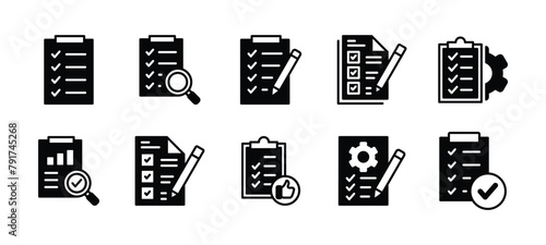 Checklist icon set. Containing evaluation, review, quality, survey, analysis, document, business management data, inspection, statistic, inspecting, statement, report, test. Vector illustration