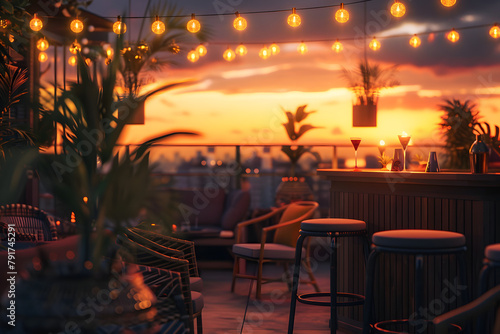 A chic rooftop bar scene at sunset, with stylish outdoor furniture and decorative lights, set against a sunset cocktail orange background, ideal for summer nightlife