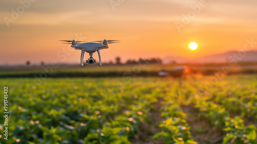 Drone flies over agricultural fields at sunset to analyze © kanurism