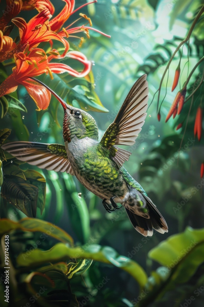 Fototapeta premium Vibrant hummingbird in flight among lush jungle foliage with colorful flowers in the foreground