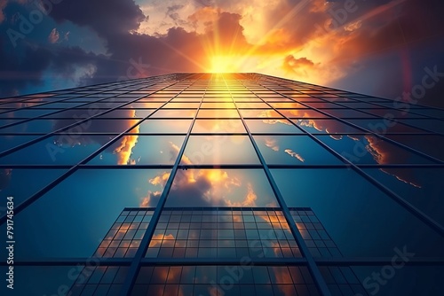 Wallpaper Mural A photograph of a modern skyscraper with the sun shining through the clouds, creating a beautiful reflection on its glass facade. Torontodigital.ca