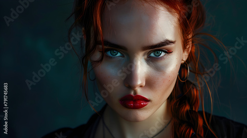 Epic close-up photoshoot of a charming vampire character looking directly at the camera against a dark and dramatic black background.