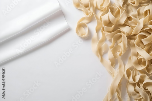 Italian rolled fresh fettuccine pasta with flour and parsley isolated on white background.