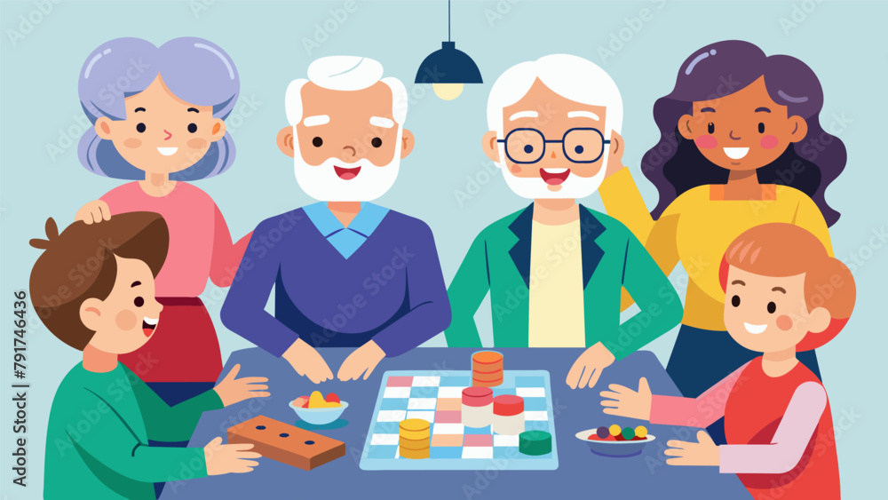 A game night where grandparents and grandchildren team up to play a variety of board games encouraging communication and teamwork. A game night where grandparents and grandchildren team up to play a variety of board games encouraging communication and teamwork.