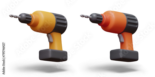 Set of electric drills of different colors. Realistic cordless perforator