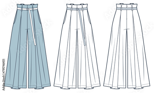 Wide Leg Pants technical fashion illustration. Skirt Pants fashion flat technical drawing template, pleats, back zipper, pocket, belt, front, back view, white, blue, women, men, unisex CAD mockup set.