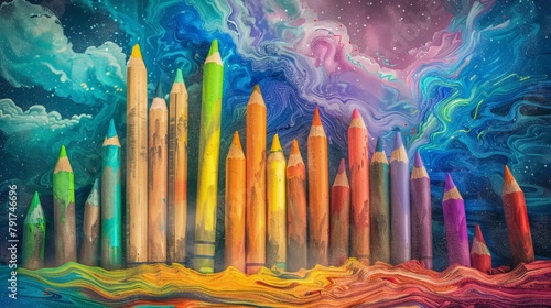 Row of colorful colored pencils
