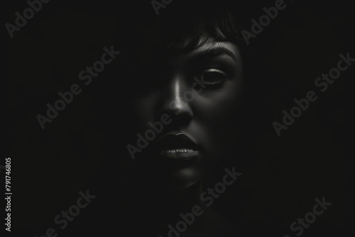 Beautiful serious woman in darkness. Closeup portrait in dark shadow low key.