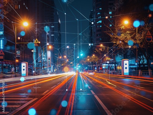 A city street at night with a lot of lights and a lot of cars