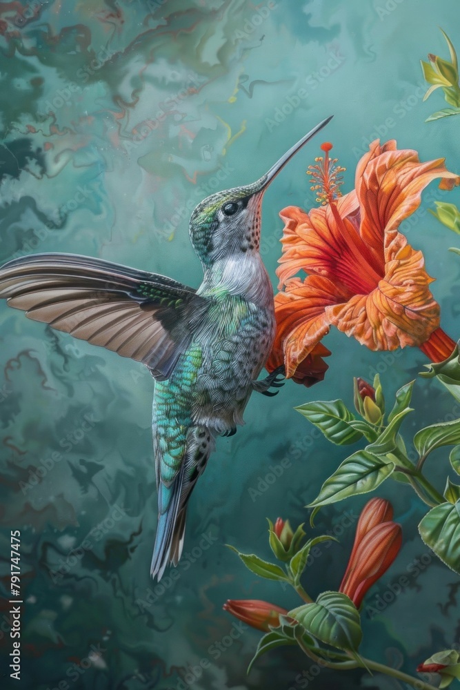 Obraz premium Vibrant Painting of a Hummingbird Surrounded by Orange Flowers on Blue and Green Background