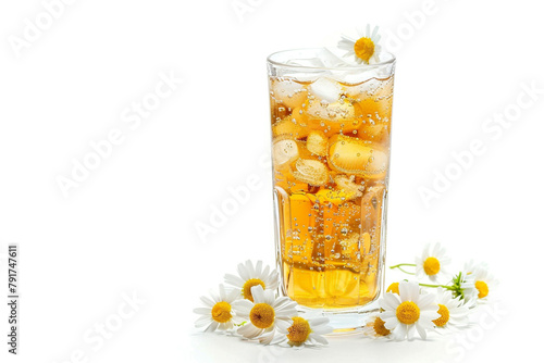 A tall glass of iced chamomile tea garnished with chamomile flowers, a soothing and calming summer drink option isolated on solid white background.