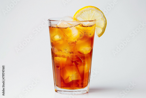 A tall glass of iced earl grey tea with a lemon twist, a refreshing and aromatic summer beverage to savor isolated on solid white background.