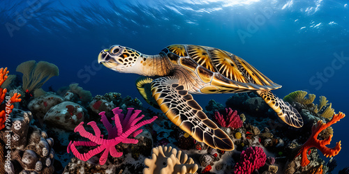 "Yap's Jewel: A Majestic Hawksbill Sea Turtle Gracefully Navigating Micronesia's Pristine Coral Reefs"