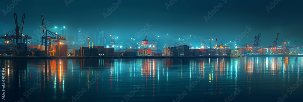 International shipping port at night with reflection of lights on the water surface.