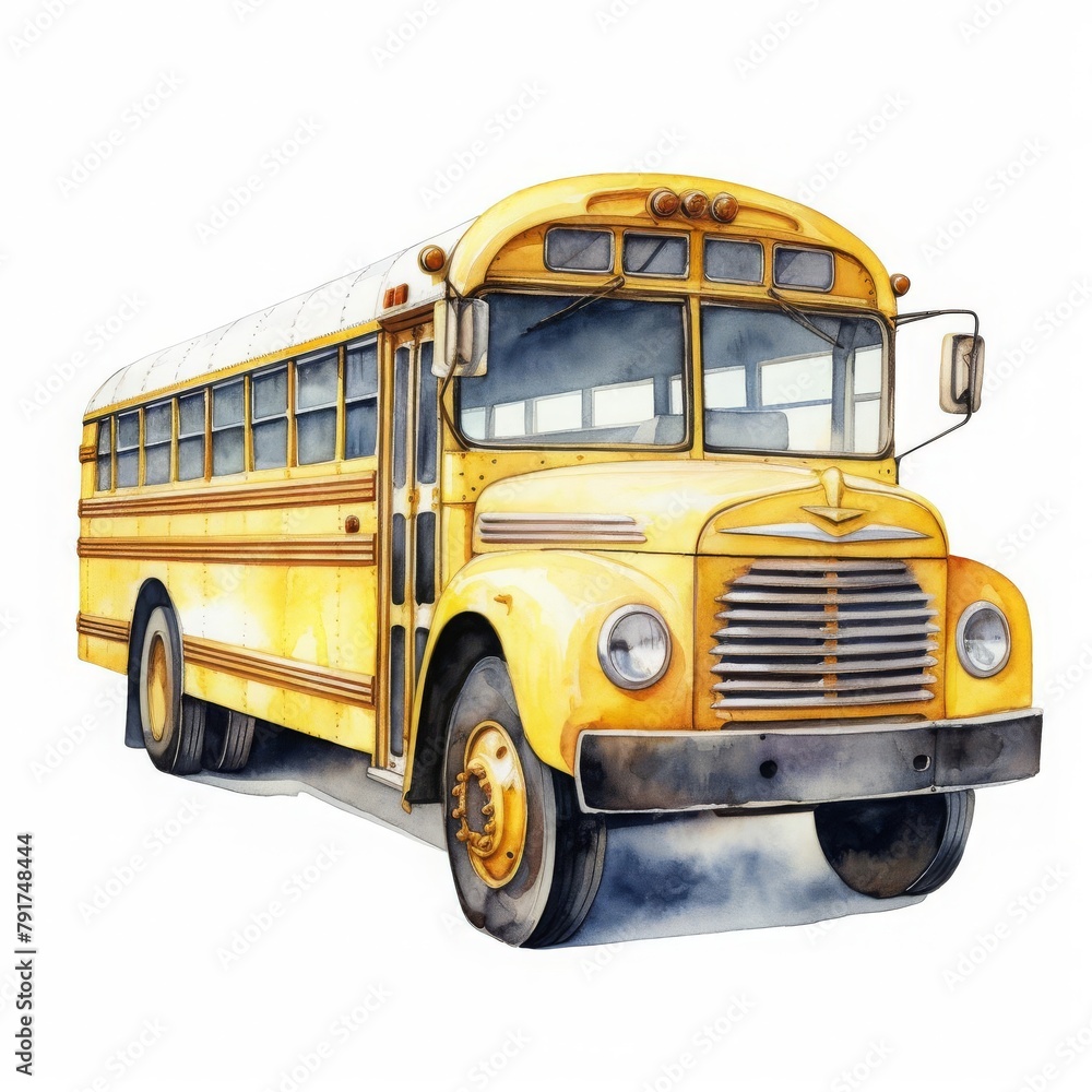 School bus model, detailed and iconic yellow, isolated on white background, watercolor School bus model, detailed and iconic yellow, isolated on white background, watercolor