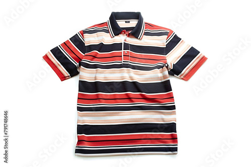 A classic striped polo shirt, combining timeless style and casual comfort for a summer men's attire isolated on solid white background.