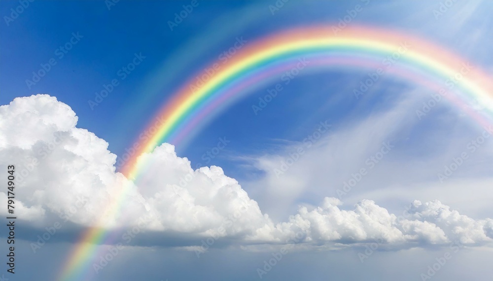 Sunny Rainbow Background: Blue Sky, White Clouds, and Rainbow