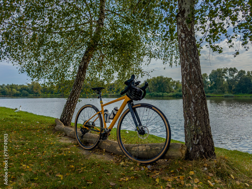Gravel bicycle in the city park on the summer season