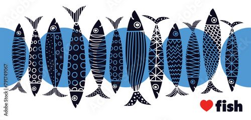 Cute retro illustration with  fish on white background. Vector illustration set. Sardine. Polka dot.