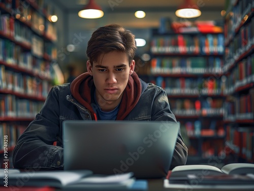 A young man is sitting at a desk with a laptop open in front of him. He is wearing a black jacket and a red hoodie. The room is filled with books, and there are several books on the desk © MaxK