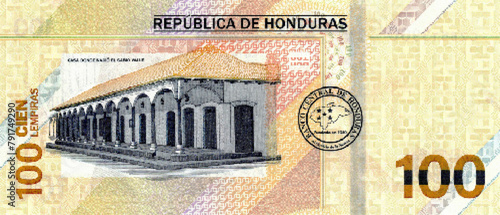 Vector reverse high poly pixel mosaic banknote of Honduras. Denominations of bill 100 lempiras 2022. Game money of flyer. Part 2